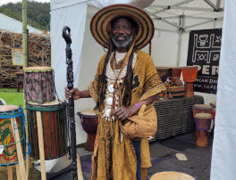 African drums market stall with Mady Keita at Woodford Folk Festival